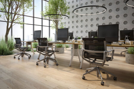 modern office setting with hardwood flooring