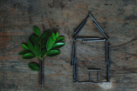 leaves and nails in the shape of a home sitting atop a piece of wood representing sustainable flooring